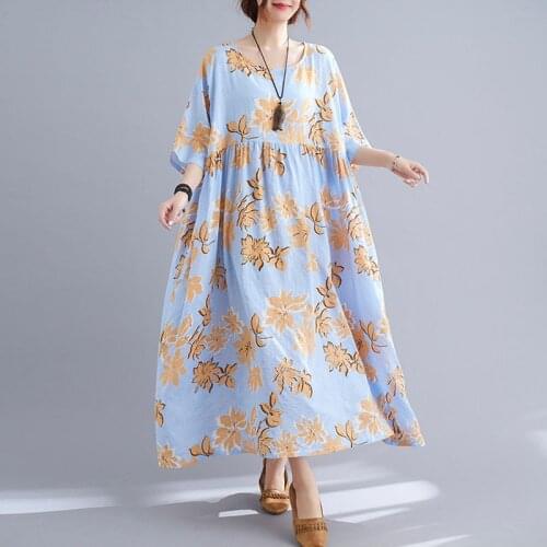 Oversize Floral Printed Maxi Dress For Women 2021 Summer New Batwing Big Swing A-Line Sweet Dress Robe Female Cotton Linen Dress