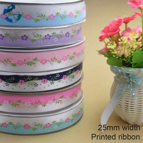 10yards,25mm flower printed ribbons Polyester Grosgrain ribbon, lace satin ribbons DIY hairbow accessories, gift package #3776