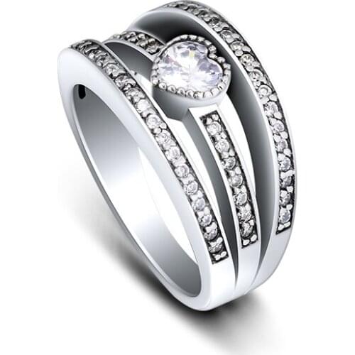 100% 925 Sterling Silver Jewelry Heart Fascination Ring with Clear Cubic Zirconia Free Shipping
