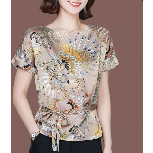Summer Fashion Floral Print Blouse Pullover Ice Silk Womens Short-sleeved 2021 New Mother Loose O Neck Tshirt Blusas Femininas