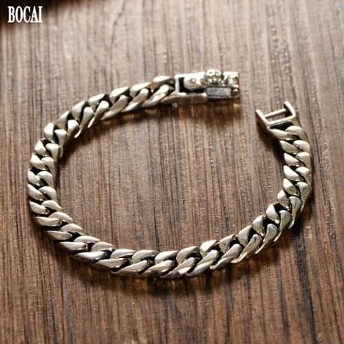 BOCAI New 100% s925 Silver Jewelry Retro Crown 7MM Mans Bracelet Simple and Flat Personality Chain Trendy Punk Bracelet for Men