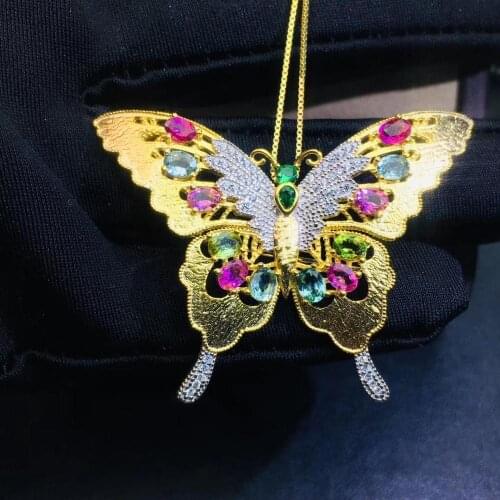 Natural multicolor tourmaline brooch S925 silver Natural gemstone brooch Pendant trendy Butterfly flight women two wears jewelry