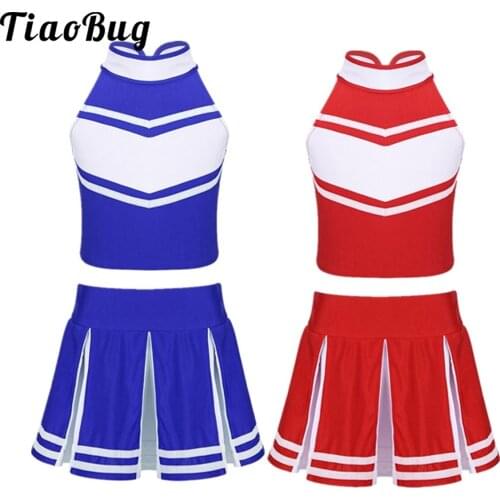 Kids Girls Cheerleader Costume Crop Top with Mini Pleated Skirt Set Carnival Party Halloween Cosplay Dress Up Dance Uniform