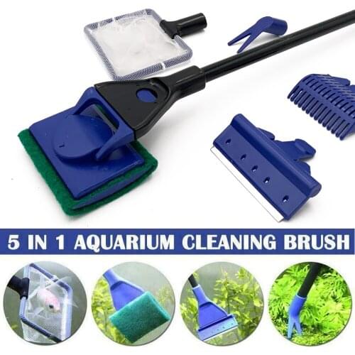 Aquarium Cleaning Tools Aquarium Tank Clean Set Fish Net Gravel Rake Algae Scraper Fork Sponge Brush Glass Cleaner Tools5 in 1