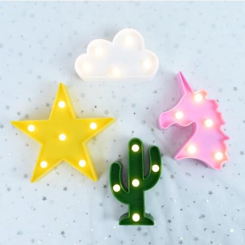 1pc Cartoon Night Lights Unicorn Flamingo Pineapple Star Cactus Cloud Shape LED Table Lamp Home Childrens Room Light Decoration