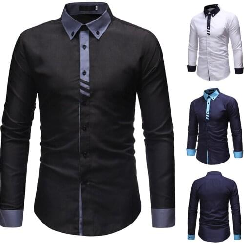Mens Shirt Long Sleeve Turn Down Collar Single-Breasted Patchwork Cardigan Shirt Casual Slim Color Matching Tops