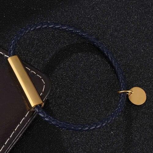 Trendy Leather Bracelet Men Stainless Steel Magnetic Clasp Handmade Men Bangles Dark Blue Braided Leather Bracelet BB0711