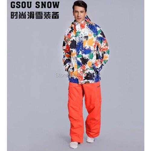 Mens Ski Suit Waterproof 10K Snowboarding Equipment Outdoor Apparel Male Rainproof Ink Painting Snow Jacket And Orange Red Pants