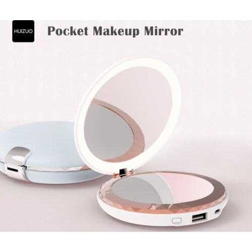 New HUIZUO LED Makeup Mirror Pocket Makeup Box Foldable Double Mirror 3 Times Magnification Power Bank Portable Led Light
