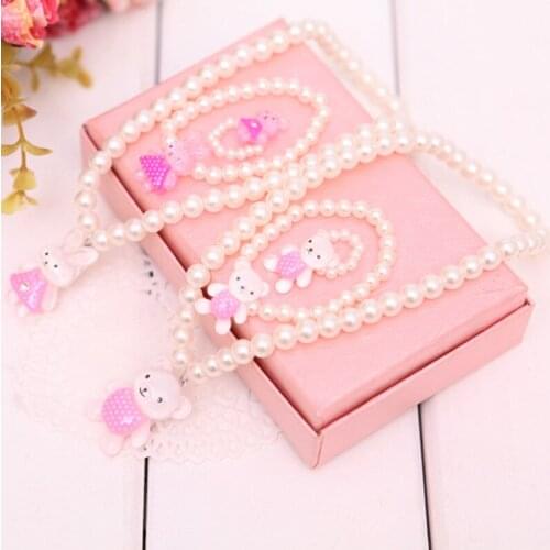 Child Girl Baby 3pcs Pearl Beaded Necklace Earrings Bracelet Set Cartoon Bear Rabbit Pendant Necklace Fashion Play Jewelry Set