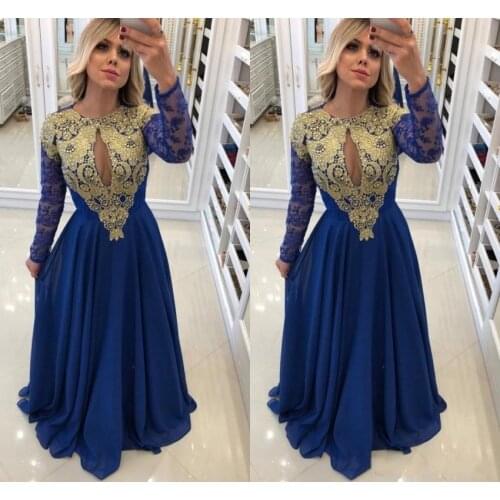 Royal Blue with Gold Appliques Long Sleeves Mother Dresses A Line Keyhole Neck Floor Length Evening Gowns Formal Mother of Bride