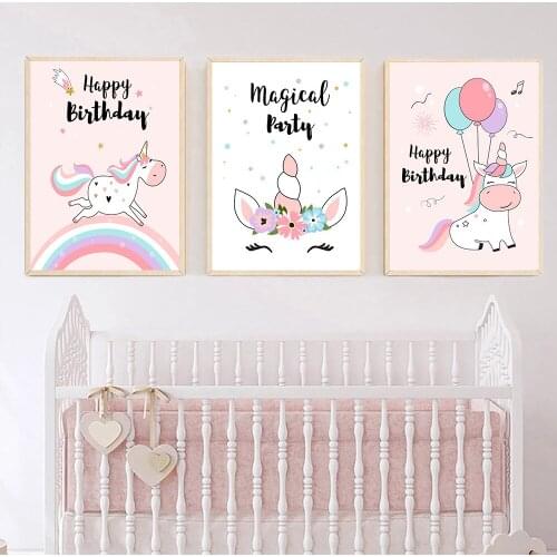 Child Birthday Gift Poster Rainbow Unicorn Canvas Print Nursery Art Painting Pink Balloon Flower Wall Pictures Girls Room Decor