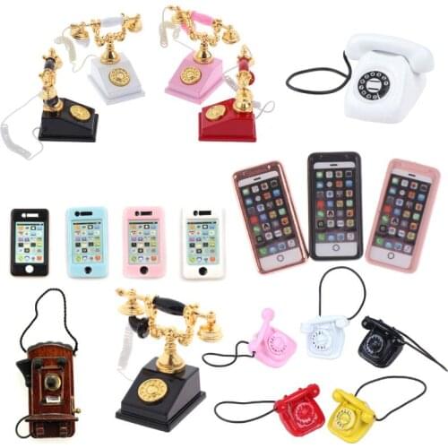 Retro Desk Phone Vintage Telephone Dolls Houses Furniture Acc Decor Children Pretend Play Toy 1/12 Metal Dollhouse Miniature