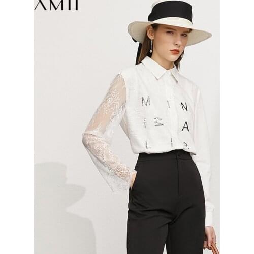 Amii Minimalism Summer Shirts For Women Elegant Spliced Lace Buttons up Shirt Full Sleeve Female Tops Womens Blouse 12170153