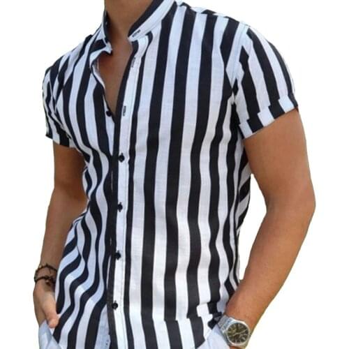 Summer New Mens Black White Vintage Striped Shirts Fashion Casual Stand Collar 90% Cotton Short Sleeve Shirt For Men Oversized
