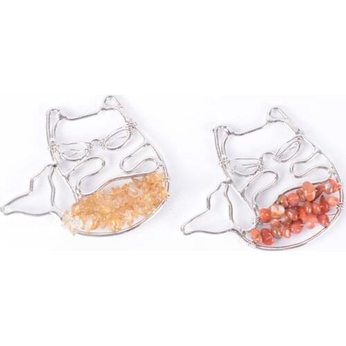 Charm Wire Wrap Cat Necklace Pendant Natural Stone Chip Bead Obsidian Lapis Lazuli Opal Clear Crystal Female Jewelry D711-D714