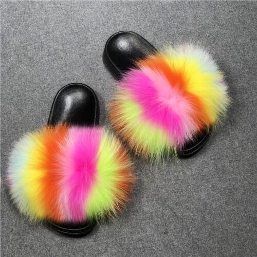 Kids/Childrens Real Fox Fur Slippers Ladies Fluffy Furry Slides Female Raccoon Fur Sandals Womens Beach Flip Flops Home Shoes