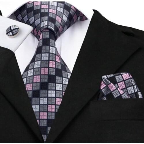 SN-482 Black Pink Dimgray Plaid Tie Hanky Cufflinks Sets Mens 100% Silk Ties for men Formal Wedding Party Groom