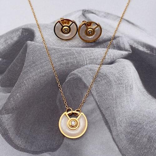 Vankeliif Simple stainless steel necklace and earrings female jewelry set with fan-shaped semi-precious stones fashion jewelry