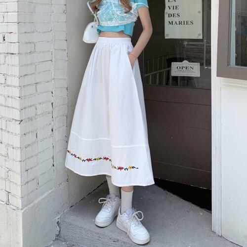 Long Skirt Womens New Embroidery Summer All-match High-waist A-line Skirt