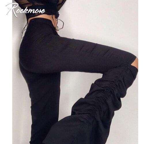 Rockmore Stacked Ripped Pants Women Y2K Aesthetic High Waisted Tie Up Trousers Bodycon Sweatpants Harajuku Joggers Streetwear