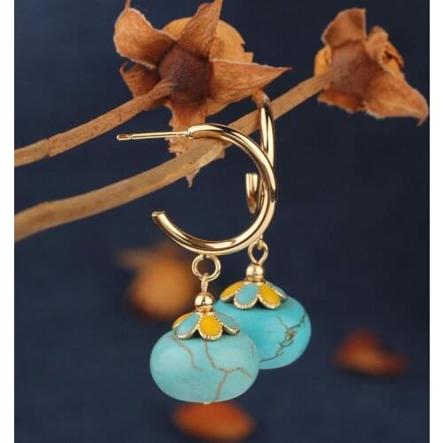 New Spring and Summer Trend Vintage Blue Cloisonne Drop Earrings Nature Stones Earrings Ethnic Jewelry for Women