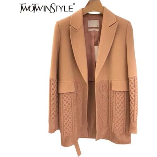 TWOTWINSTYLE Korean Fashion Female Blazer Notched Long Sleeve Patchwork Knitted Straight Loose Coats For Women Autumn Stylish