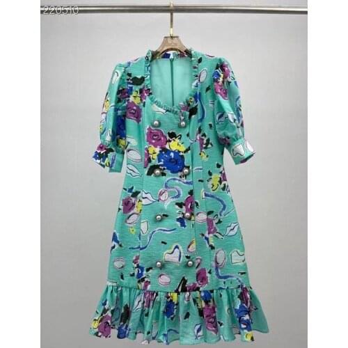 New 2021 Women Fashion Runway Sexy Mini Dress Short Sleeve Floral Print Pearl Buttons Ruffles Double Breasted Dresses Vestidos
