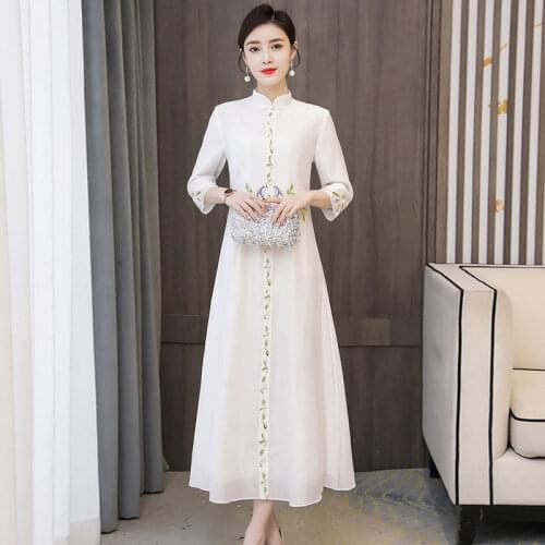 Fashion Cheongsam Dress New Chinese Style Flower Embroidery Retro Qipao Robe Orientale Femme Temperament Chiffon Dress