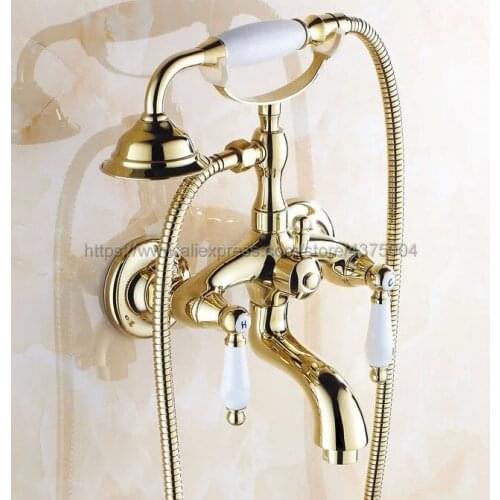 Golden Bath Shower Faucet Set Dual Knobs Wall Mounted Bathtub Mixers with Handshower Swive Tub Spout Ntf084