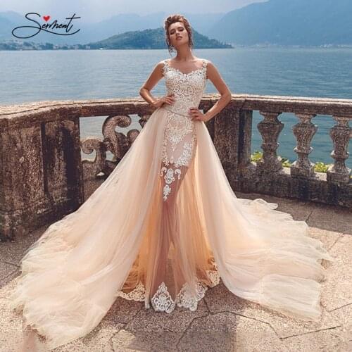 BAZIIINGAAA Wedding Dress Sleeveless Round Neck Detachable Tail Wedding Dress Mermaid Lace Applique Bride Support Tailor-made