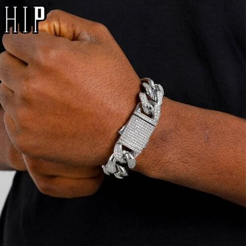 Hip Hop 19MM Cuban Link Chains Bling Iced Out CZ Setting AAA+ Cubic Zirconia Bracelet For Men Women Jewelry