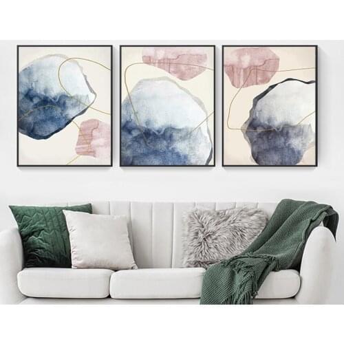 Pictures on Canvas Living Room Home Decor Abstract Blue watercolor Canvas Print Paintings Golden lines Nordic Wall Art