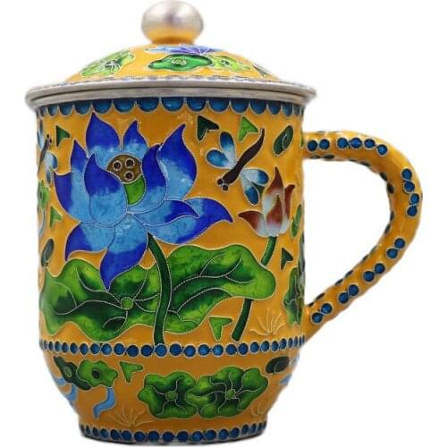 Cloisonne Pure Silver Teapot 999 Foot Silver Teacup Lotus Silver Cup Mug Office Cup Big Mouth Cup Silver Water Cup