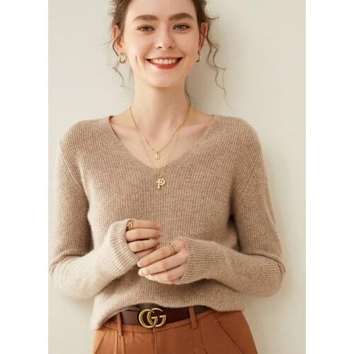 LHZSYY 2020 V-Neck Wool Sweater Women 100%Wool Fashion Autumn Winter Loose Lazy Pullover Knit All-match Cashmere Bottoming Shirt
