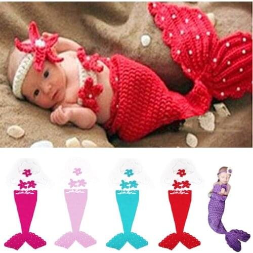 Cute Baby Sets Beauty Mermaid Suits Wool Handmade Crochet Photography Sweater Newborn Baby Cap For Girl Boy