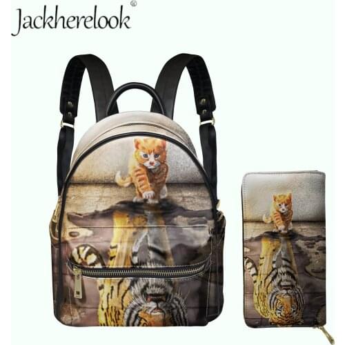 Vogue Shoulders Bag for Women kitten&Tiger Design Funny Pop Female Leather Backpack Coin Purse Set Casual Girls Satchel&Wallet