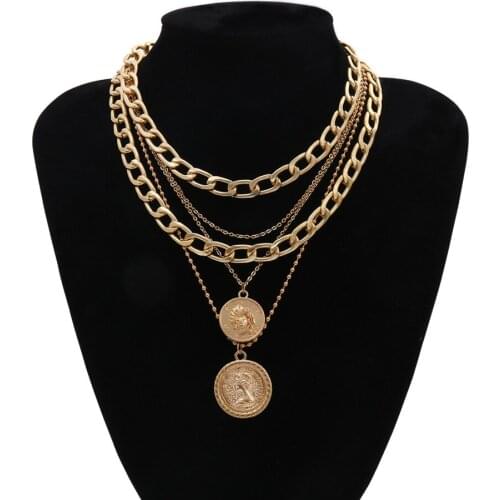 Fashion alloy multi-layer round brand hip hop pendant necklace lady temperament human head clavicle chain