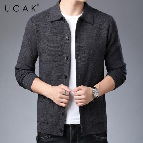 UCAK Brand Casual Turn-down Collar Cardigans Men Sweatercoat Clothing Autumn Streetwear Solid Color Cardigan Pull Homme U1259