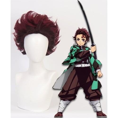 Kamado Tanjirou Wig Demon Slayer: Kimetsu no Yaiba Dark Red Heat Resistant Synthetic Hair Wigs + Wig Cap 30cm