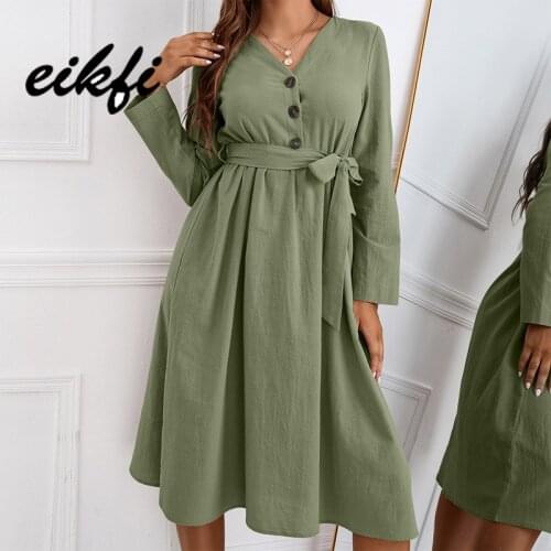 EIKFI Front Button Long Sleeve Women Dress 2021 Spring Autumn Ladies V Neck Casual High Waist Green Black Solid Dress with Belt