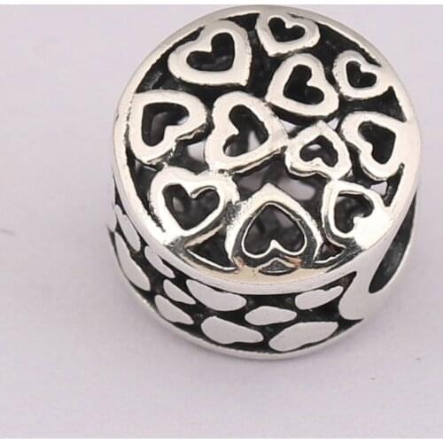 Authentic S925 DIY Jewelry Openwork Hearts Charm fit Lady Bracelet Bangle Girl Gift Bead