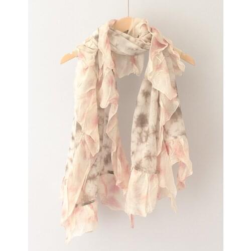 Women Scarf Shawl With Silk Lace Edge Female Tie-Dyed 100% Cotton Wrinkled Scarves Thin Light 190*80 Cm