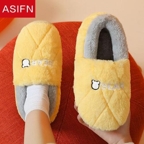 ASIFN Home Cute Bear Womens Fur Slippers Keep Warm Lovely Design Plush Bedroom Girls Fuzzy Flock House Slippers Ladies Shoes