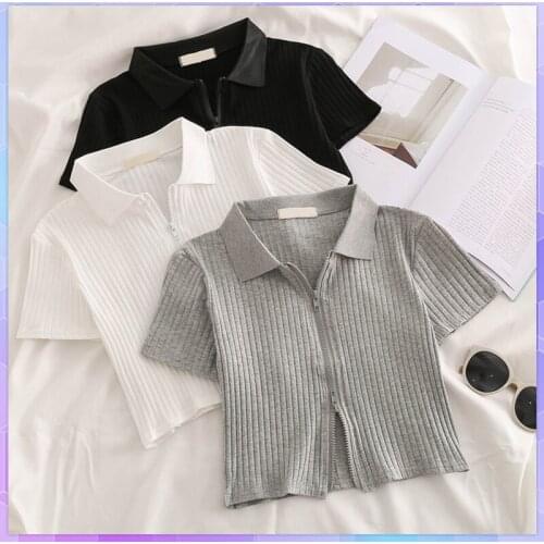 Women T-shirt Summer Clothes Top harajuku vintage Short Sleeves Crop Tops Zipper Tee Shirt Polo Collar Striped Sexy Female Solid