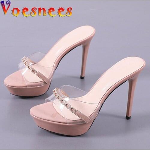 Voesnees Women Slipper 2021 New PVC Transparent Stilettos Sandal Comfortable 12CM Diamond High Heel Shoes Waterproof Platform