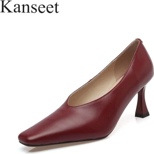 Kanseet Real Leather Thin Heels Spring Autumn Women Shoes 2021 Comfort Casual Pumps Square Toe High Heels Office Lady Shoes
