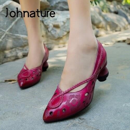 Johnature Pumps Women Shoes Pointed Toe High Heels Genuine Leather 2021 New Retro Handmade Hollow Concise Leisure Ladies Shoes