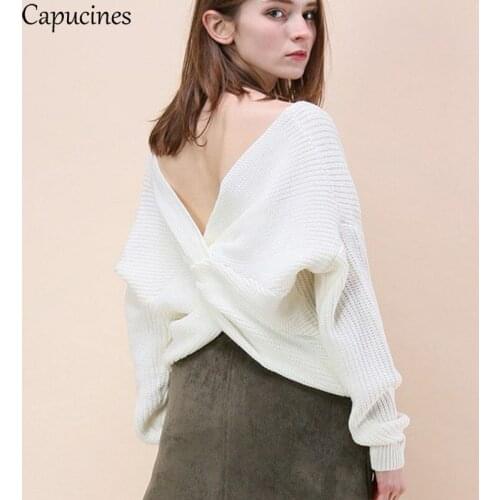 Capucines New Knot Solid Sweater Women Wear On Both Sides Asymmetrical Sexy V Neck Long Sleeve Pullovers Autumn Winter Jumpers