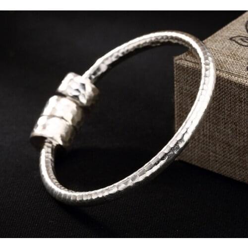 S925 Sterling Silver color Bangles Women Lovely Beading Bangle Vintage Ethnic Uneven Face Handmade Fine Jewelry Birthday Gifts